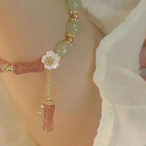 Lotus Flower Purple Green Beaded Charm Bracelet Adjustable Colorful Tassel - Picture 1 of 5